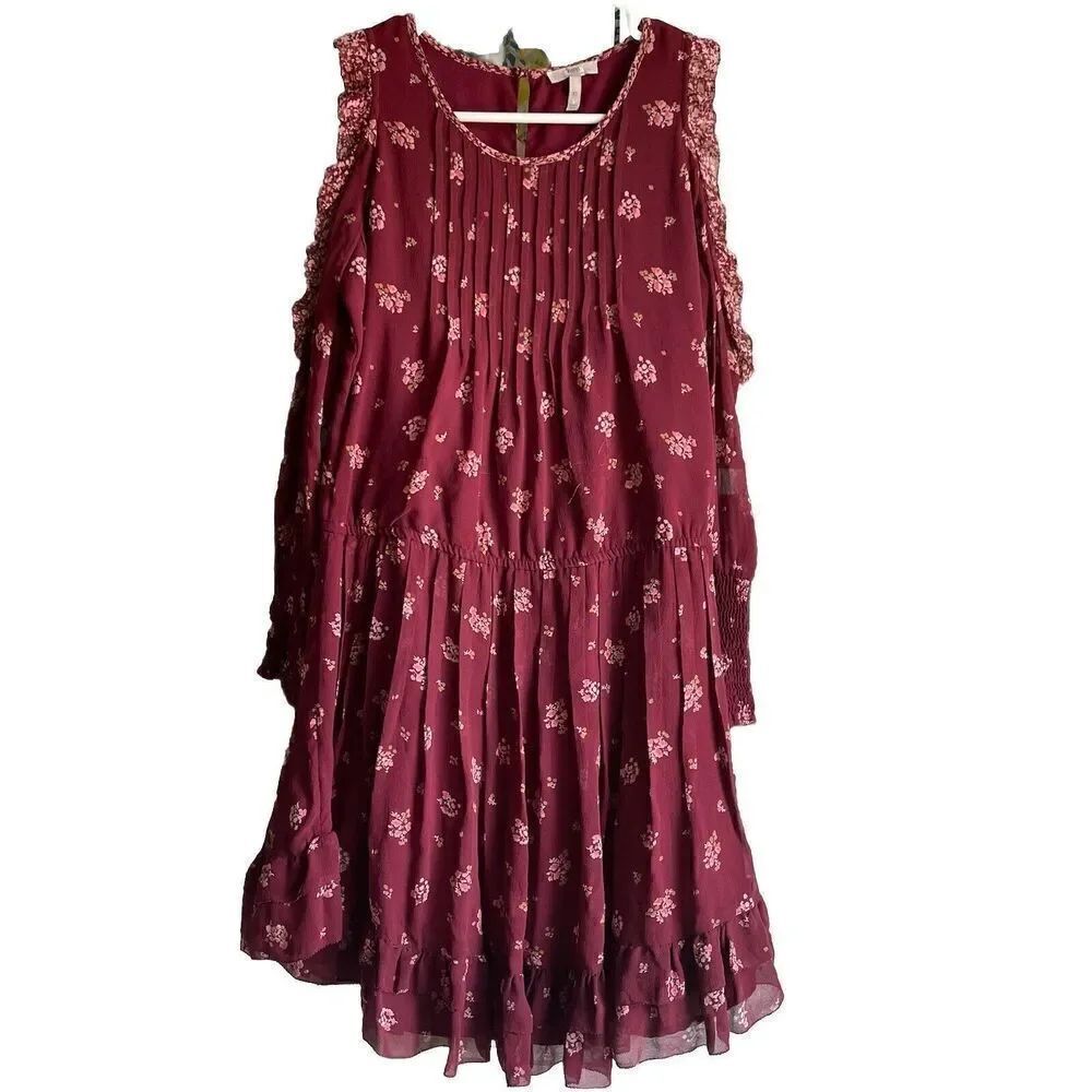 Joie Womens Arleth Silk Dress XS Burgundy Cold Shoulder Smocked Bishop Sleeve